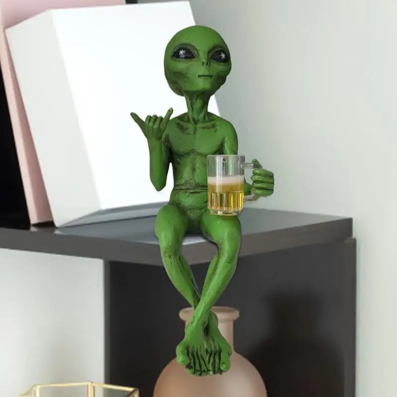 Beer Drinking Alien Statue Resin Novelty Collectible Funny Desktop