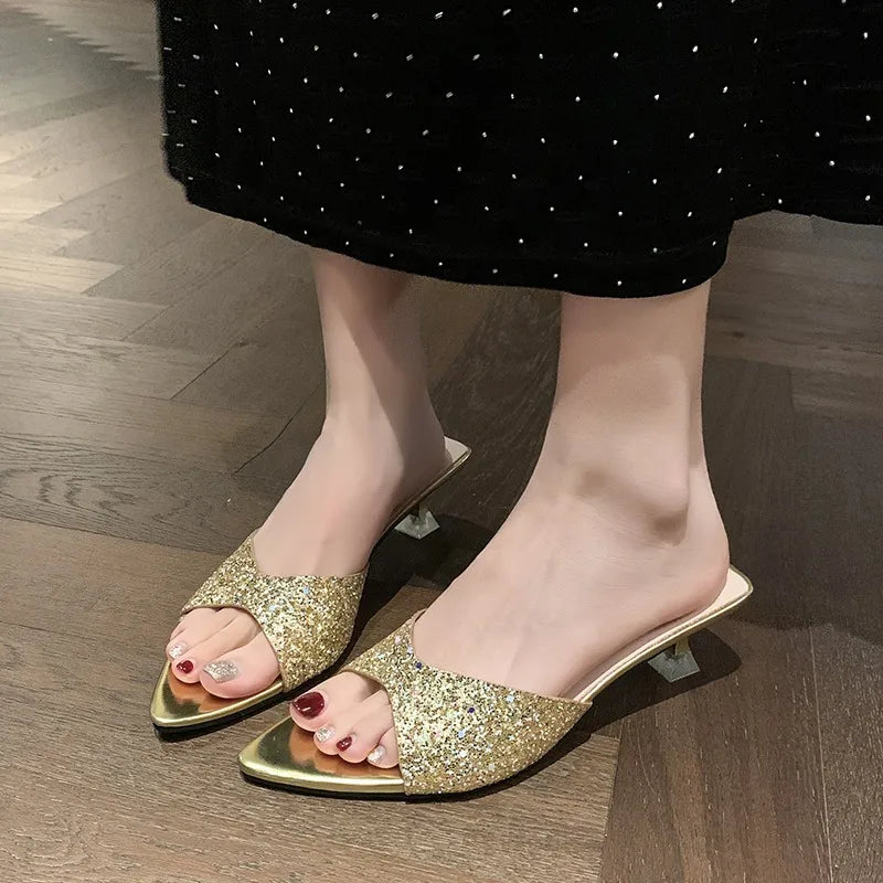 Luxury Women S Sandals Summer Mid Heels Open Toes Pointed Slip Sequin Zpaxo Gold 40