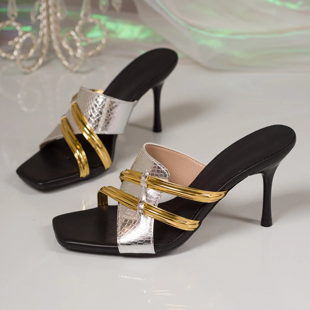 Women's Slippers 2026 Summer Stiletto Heels Open Toe Luxury Sandals Zpaxo Silver 38