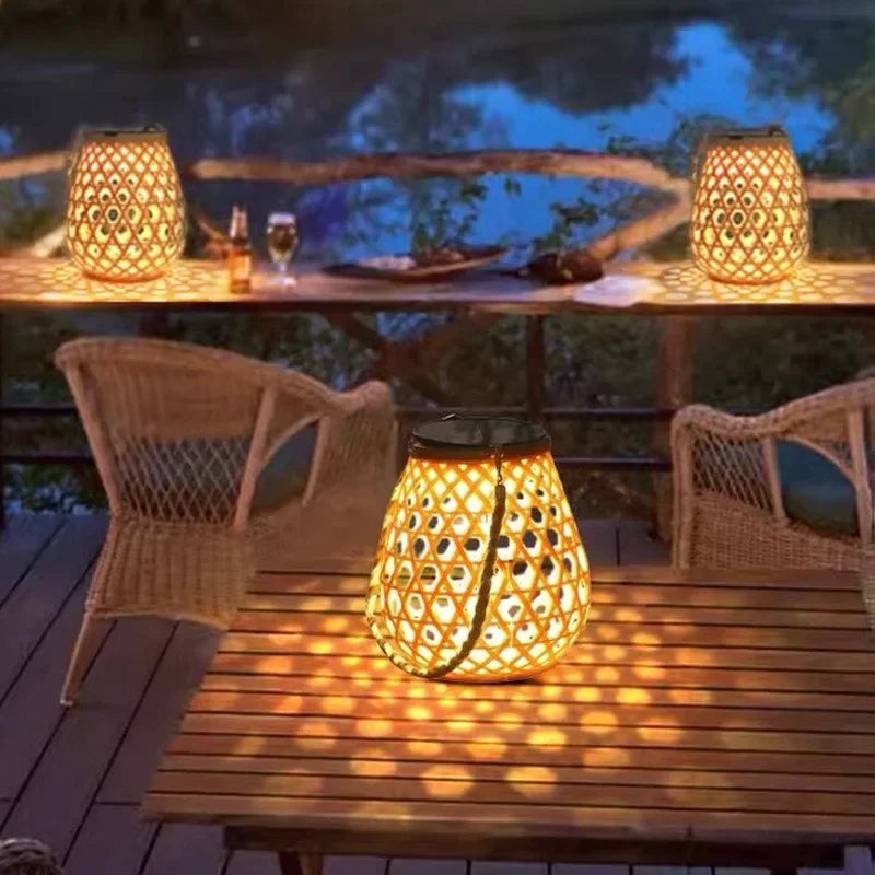 Solar Powered Bamboo Woven Hanging Cage Lamp Sun Powered Hanging Lamp Outdoor Courtyard Lamp Solar Lantern with Hollow Design Zpaxo Warm light China Mainland