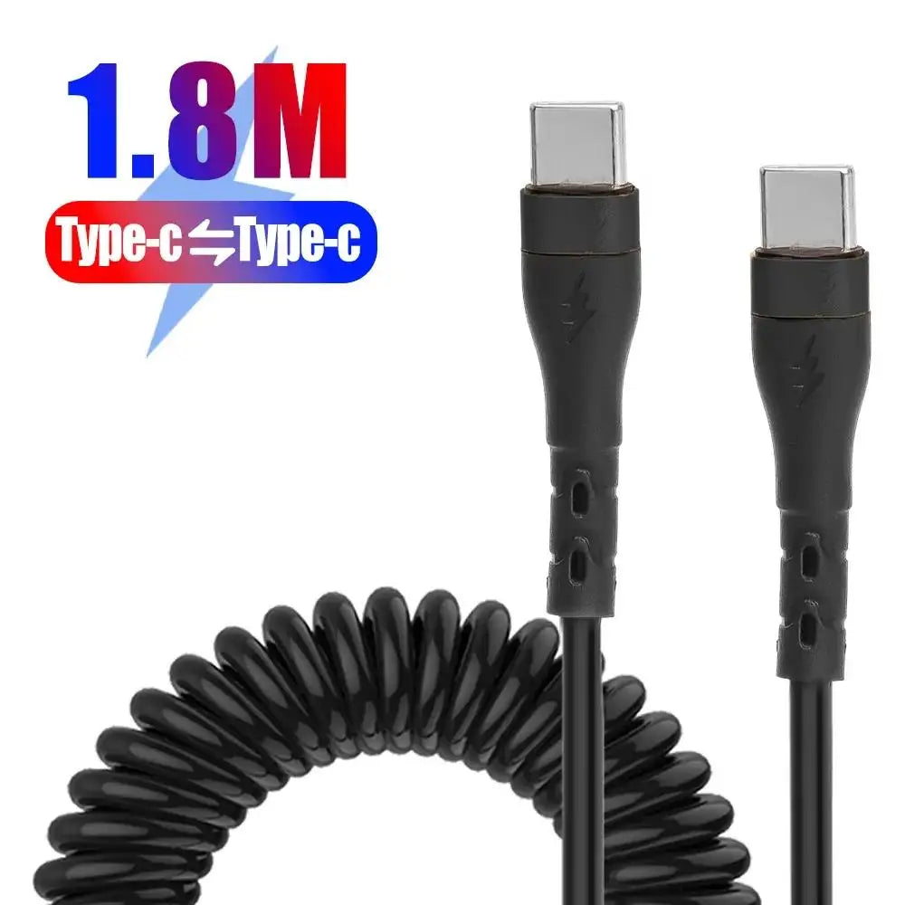 120W USB C to Type C Fast Charge Spring Cable Telescopic Car Phone Charger Data Cord For iPhone Samsung Xiaomi Realme USB Cables Zpaxo Black-1.8m