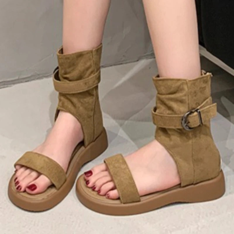 Women's Round Open Toe Solid Vintage Comfortable Sandals Women Casual Zpaxo Brown 40