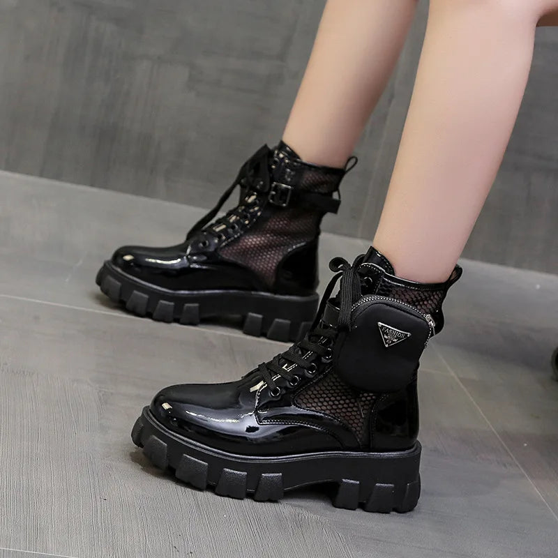 2024 Women Thick-soled Leather Boots Casual Fashion Lace-up Nylon Zpaxo