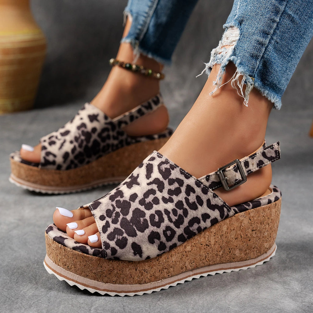 Women Buckle Decor Heel Wedge Sandal Mujer Pleated Leopard Sandals Zpaxo
