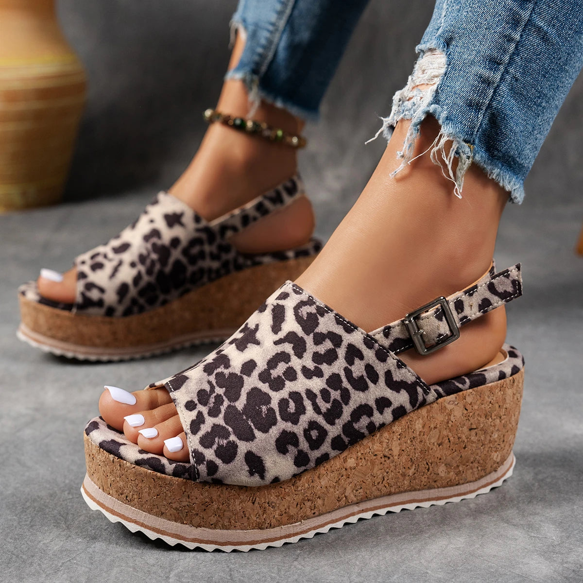 Women Buckle Decor Heel Wedge Sandal Mujer Pleated Leopard Sandals Zpaxo