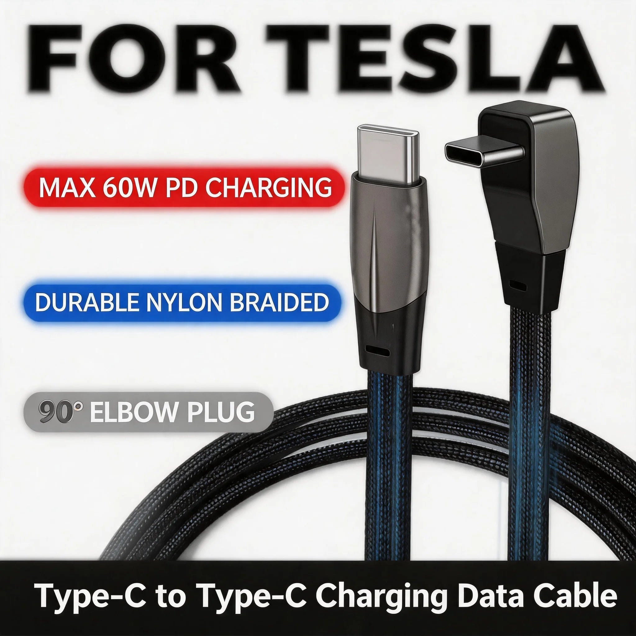 60W USB-C Elbow Fast Charging Cable for Tesla Model 3 & Y