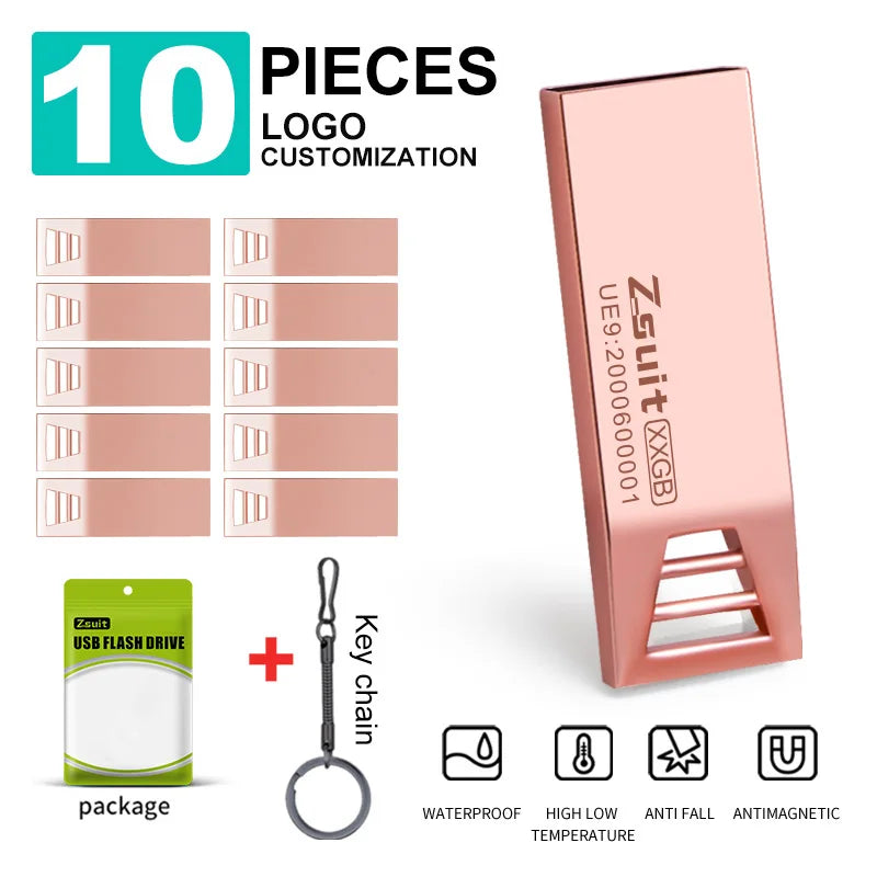 Zsuit 10PCS USB Flash Drive 16GB 32GB 64GB Pen Drive 3.0/2.0 Memory Stick 128GB Waterproof Cle custom USB Metal Pendrive Storage Zpaxo usb 2.0 64GB Pink