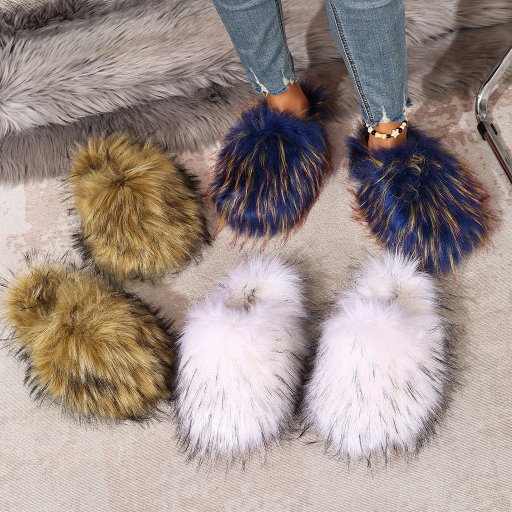 Winter Luxury Outdoor Anti Slip Slippers Women Soft Flat Bottom Slides Women Fashion Fur Slippers Fluffy Cute Plush Women Shoes Zpaxo
