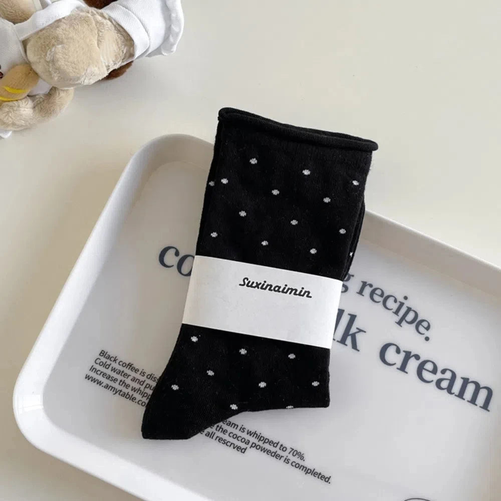 Comfortable Curled-edge Polka Dot Socks Thin Breathable Mid-Tube Socks Sweat Absorbent Women's Socks Summer Zpaxo Black One Size