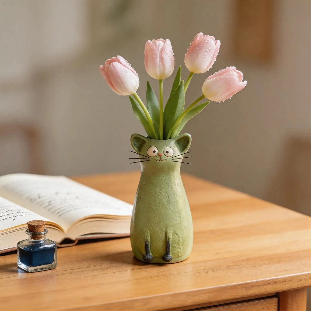 Cat Vase Resin Desk Ornament Whimsical Bookshelf Mantel Entryway