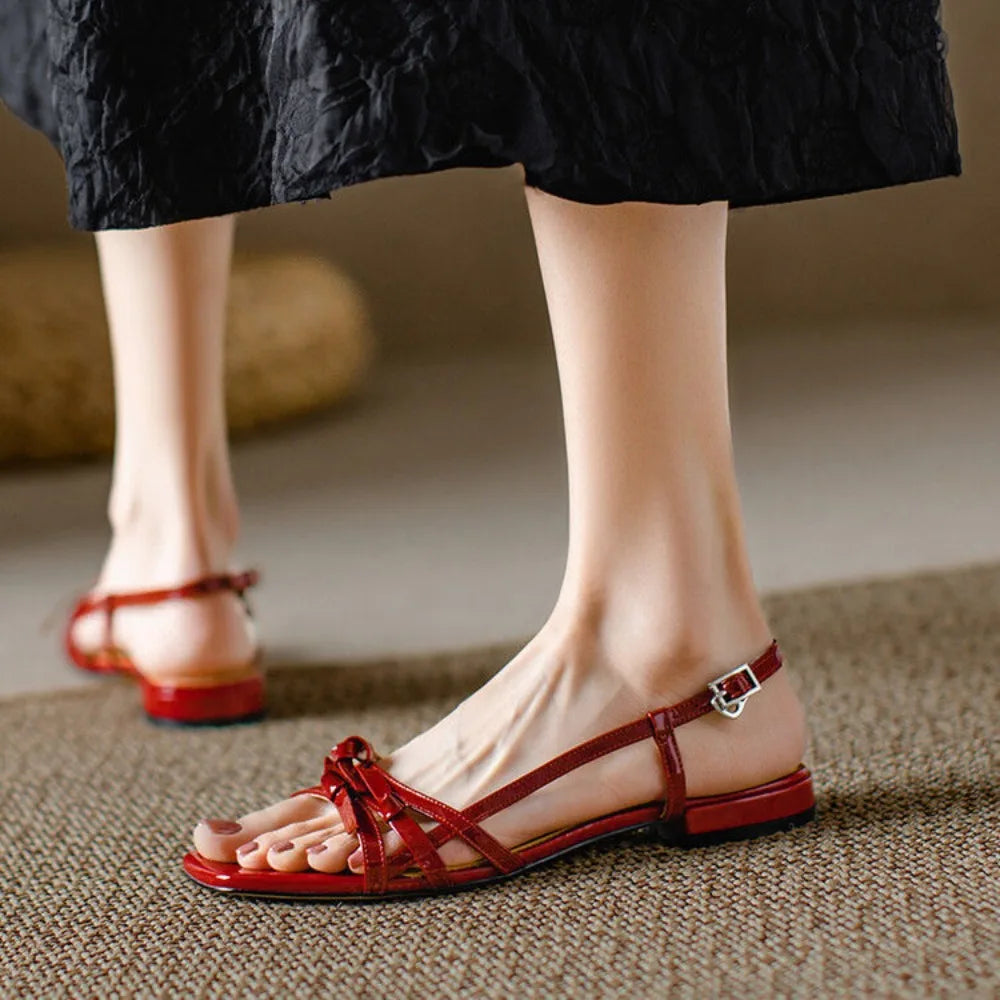 Summer Gladiator Women Sandals Casual Open Toe Red Patent Leather Shoes Ladies Elegant Flats Sandalias Zpaxo Red 40