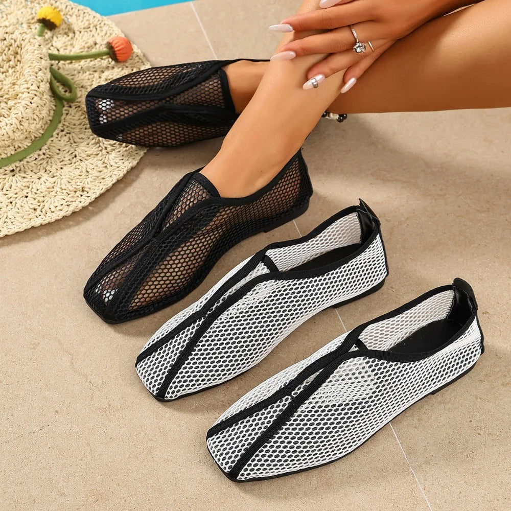 2026 Hollowed-out Mesh Sandals Women Summer One-piece Square-toe Flat