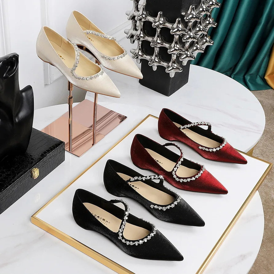 Flat shoes for women spring autumn 2025 new pointed toe women's shoe rhinestone metal inner height increasing slope ladies shoes Zpaxo