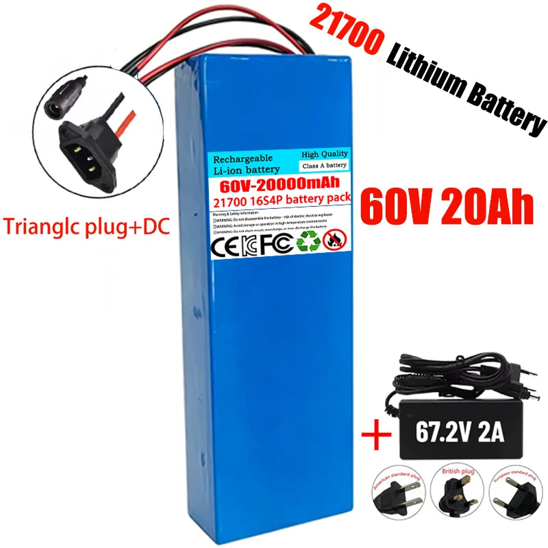 New 21700 16S4P 100% Original 60V 20Ah 21700 Li-ion Battery Pack 16S4P with BMS 0-2000W for High-power 67.2V Motorcycle Tricycle Zpaxo Trianglc plug-DC