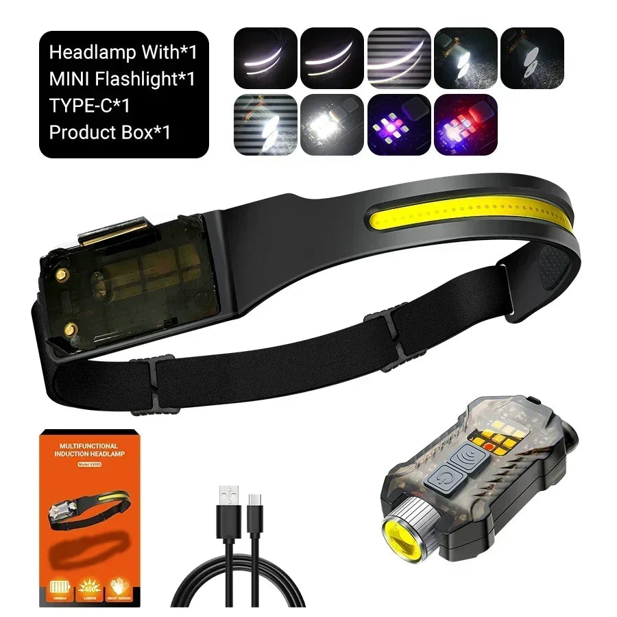 LED Sensor Headlamp USB-C Rechargeable 9 Modes IP65 400LM