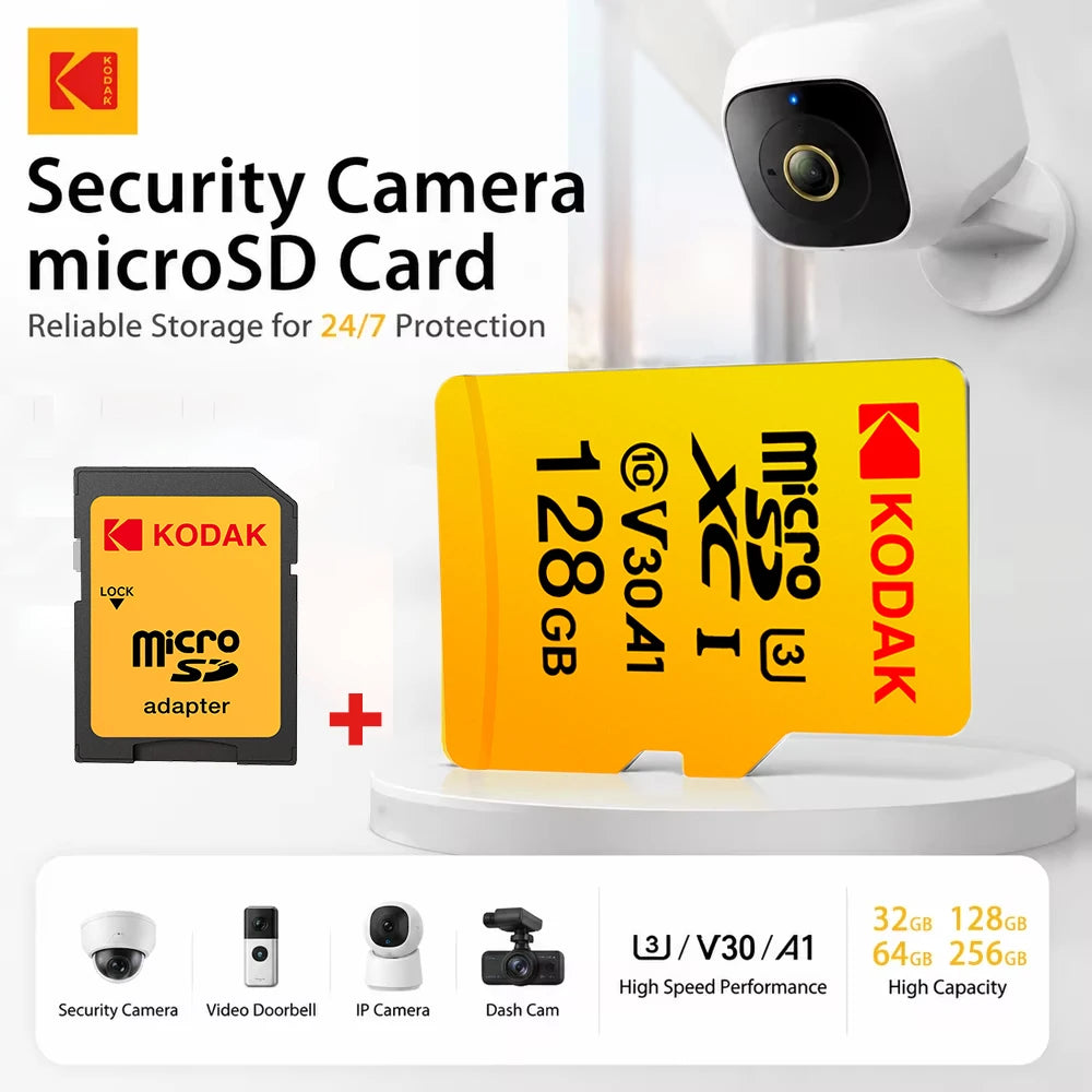 KODAK Micro SD Card 32GB 64GB 128GB V30 U3 4K Yellow for Dash Cam Driving Recorder TF Card Zpaxo