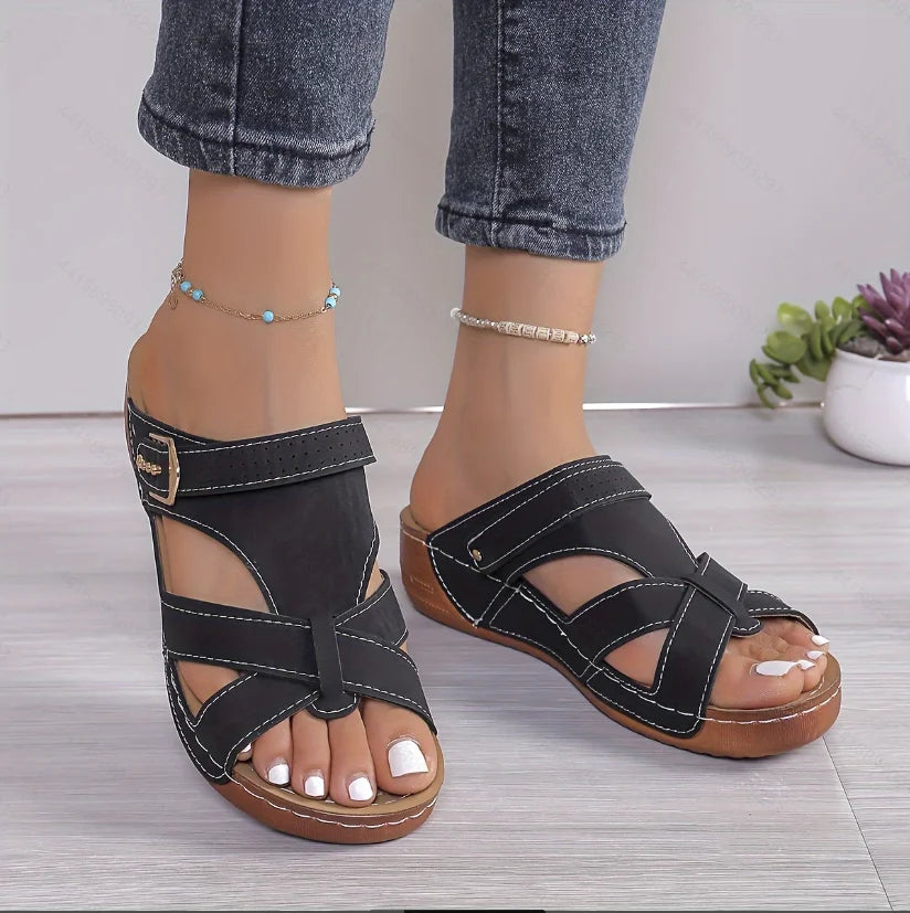 Women Slippers Large Size Roman Style Sandals Summer New Soft Bottom Thick Heel Slippers Casual Slip-On Shoes Slides Women Zpaxo black 36