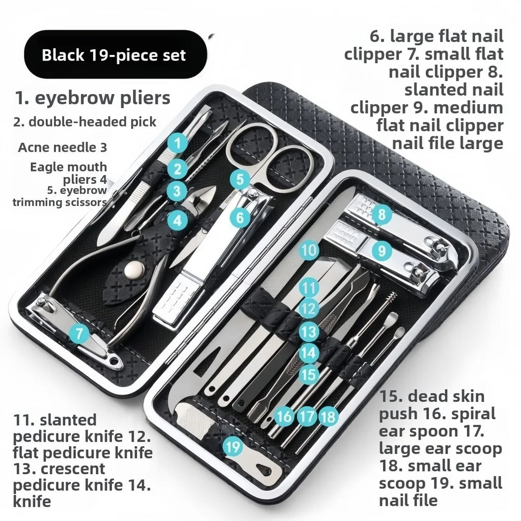 Stainless steel nail clipper set of 19 pieces, diagonal nail clippers, pedicures, ear picks, spoons, nail art set Zpaxo black 19 pcs