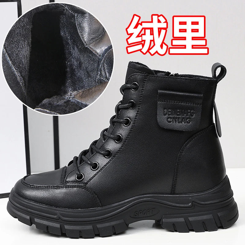 Black Leather Combat Boots Women 2026 Lace Up Side Zipper Round Toe Zpaxo 5858 Velvet Black 39 China Mainland