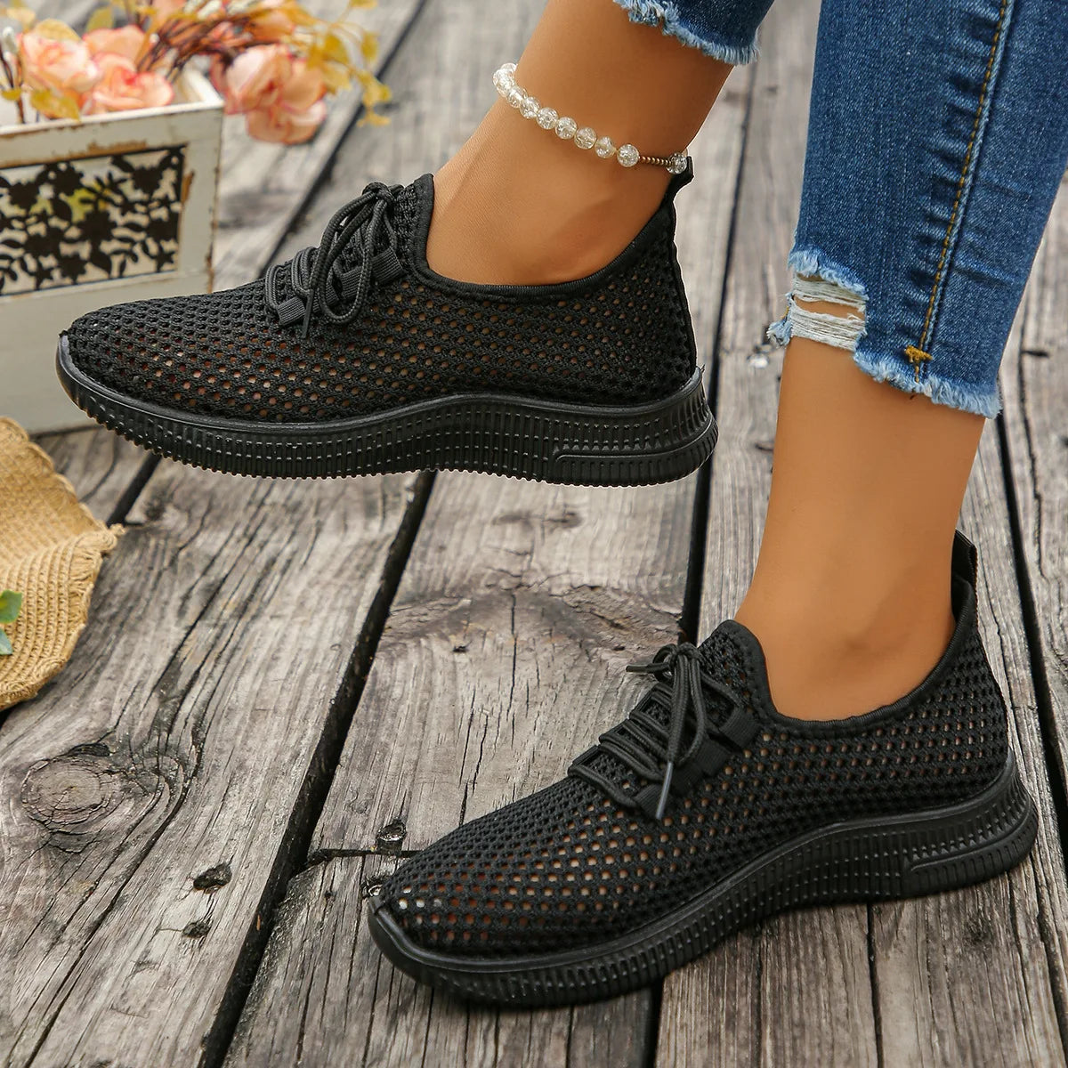 Women's Breathable Mesh Sneakers Lace-up White Walking Shoes Non-slip Zpaxo image color 6 36