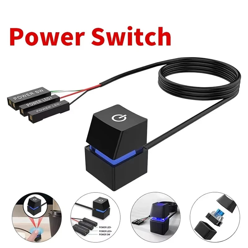 PC Extension On/Off Square Button with LED Strip Computer Power Switch Cable For Gaming Desktop Computer Hardware Cables Setup Zpaxo