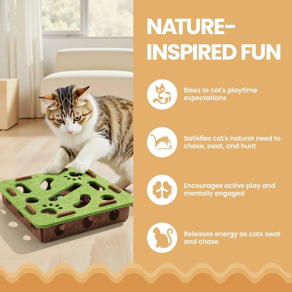 Felt Cat Puzzle Maze – Battery-Free Toy with 3 Bell Balls