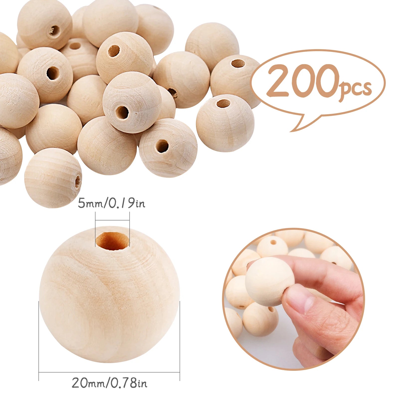 200-Pack 20mm Natural Round Wooden Beads – DIY Craft Beads