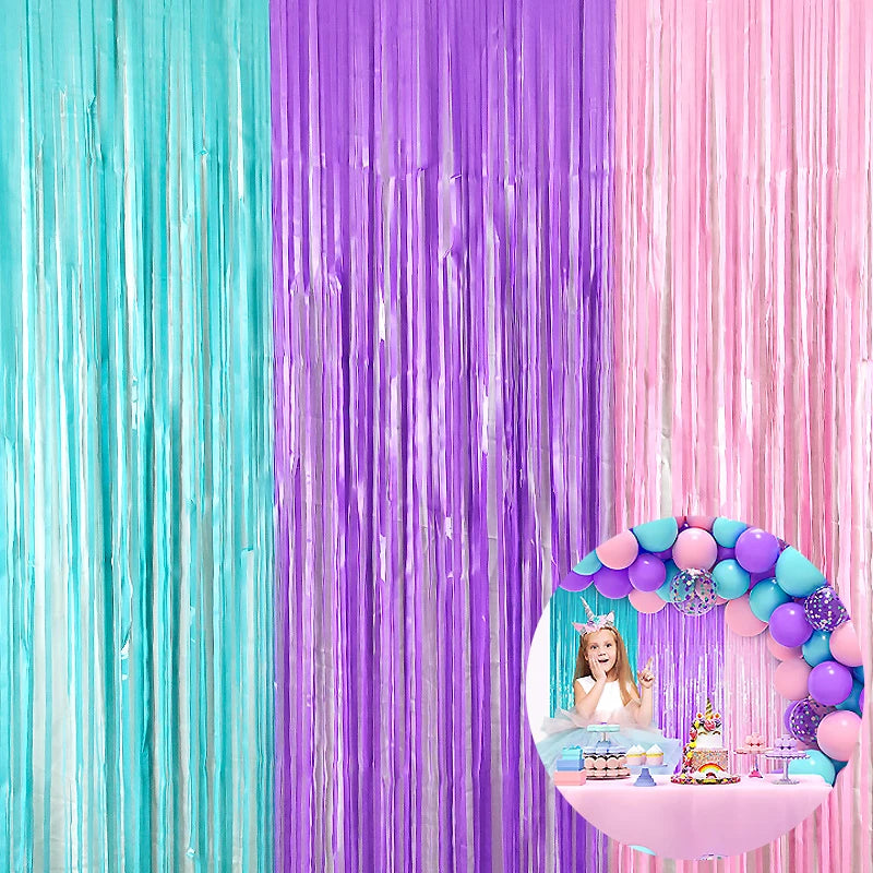Mermaid Theme Foil Fringe Curtain Pink Blue Purple Curtains Photo