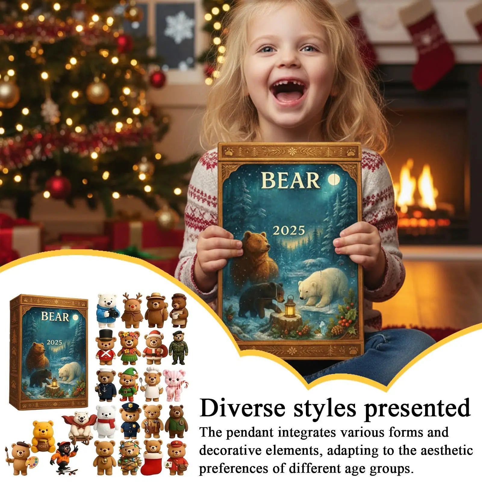Christmas Advent Calendar Bear Theme 2D Acrylic Ornaments 24 Days