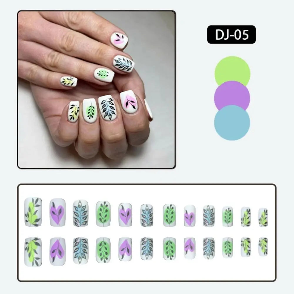 Short Ballerina French False Nails Abstract Leaf Graffiti Full Cover Zpaxo