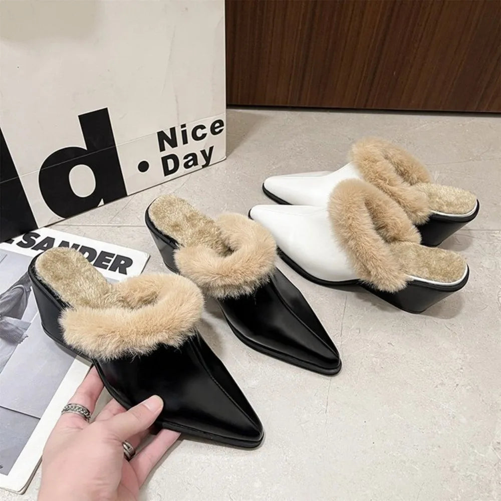 Non-slip Women 2025 Winter Baotou Half Slippers Block Heel Pointed
