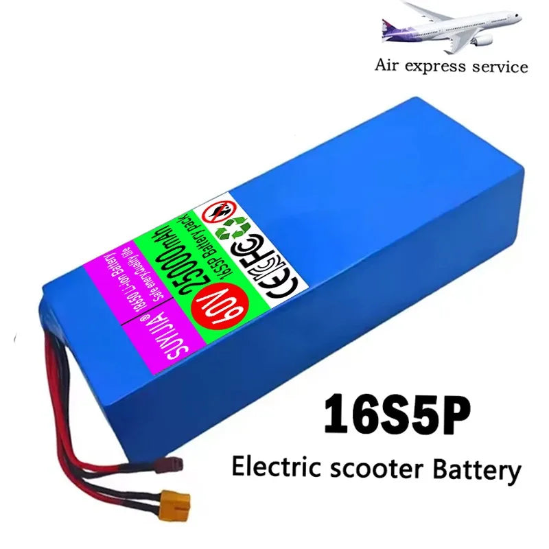 60V 16S5P Li-ion Battery 18650 25Ah Rechargeable Lithium Battery Pack 2000W High-power with BMS for Motorcycle, Scooter, Bicycle Zpaxo