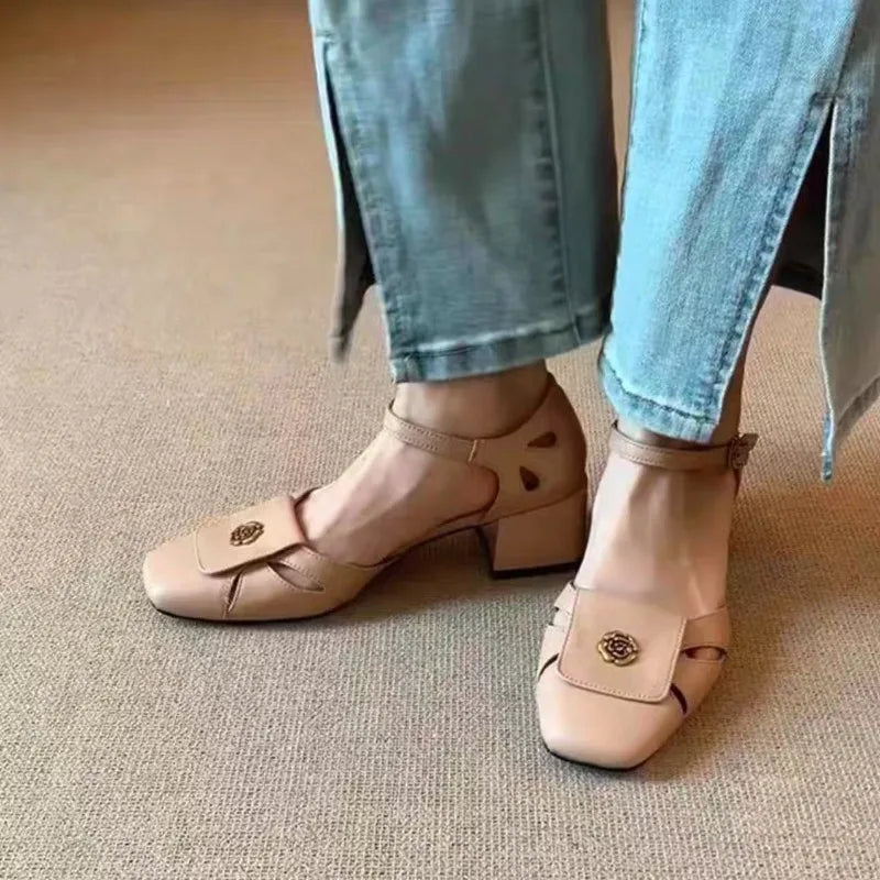 Hollow-out Baotou Sandals with One-word Buckle Belt Commuter Temperament Square-toe Thick Heeled Single-layer Shoes for Women Zpaxo