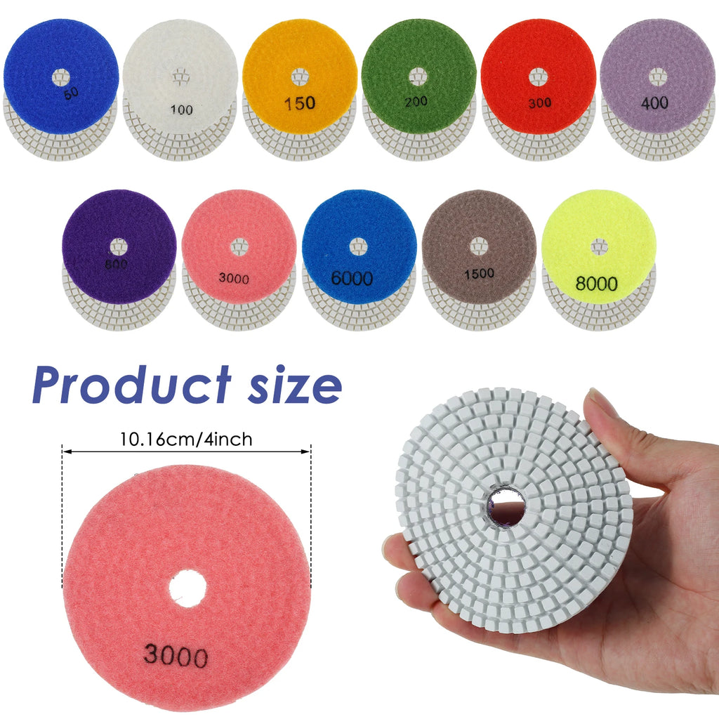 10-16pcs 4 inch Diamond Polishing Pads Kit Wet/Dry Buff Disc Abrasive Grinding Discs Set for Granite Concrete Glass Polishing Zpaxo