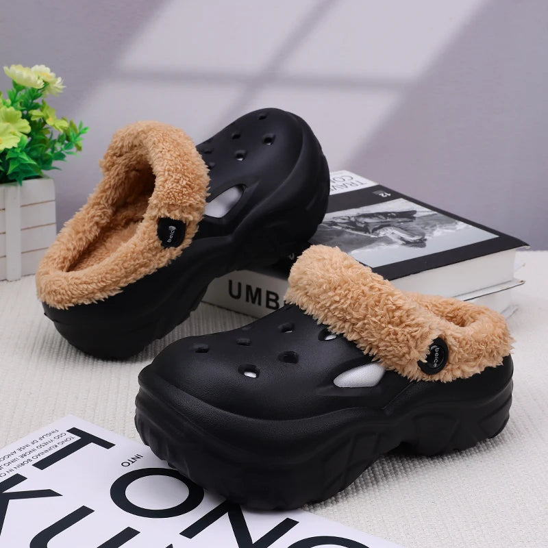 Plush Slippers 2025 Winter Men's Women's Thick Heels Soft-soled Beach Zpaxo black 35-36