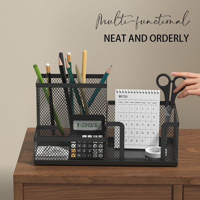 Mesh Desk Organizer Office Supplies Caddy with Pencil Holder and Storage Baskets for Desktop Accessories, 3 Compartments, Black Zpaxo