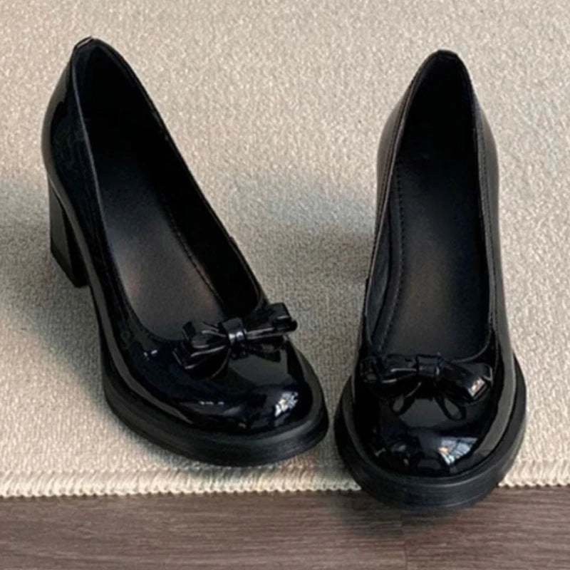 Vintage Bow Shallow Single Shoes Women Slip-On High Heels Block Heel Versatile Commuter Mary Jane Shoes Zpaxo 40 black