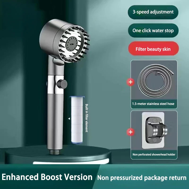 High Pressurized Filter Shower Head 3-mode Adjustable Spray With Massage Brush Rain Faucet Shower Set Bathroom Accessory Zpaxo Grey Set