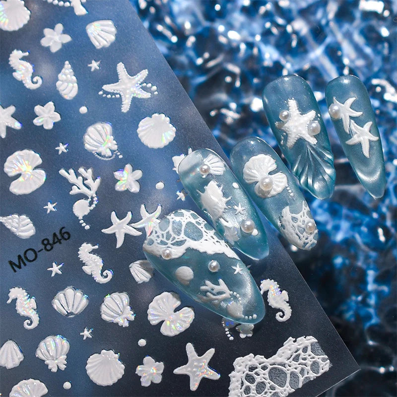 1pc Summer Shell Wave Starfish Nail Stickers Cute Conch Lemon Decorative Stickers DIY Relief Self Adhesive Summer Nail Decals Zpaxo