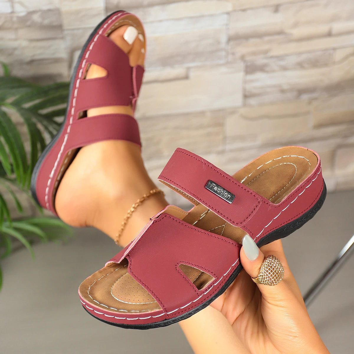Women Wedge Sandals Open Toe Lightweight Sandals Summer 2026 New Fashion Slippers Comfortable Buckle Woman Shoes Slides Women Zpaxo wine red 36