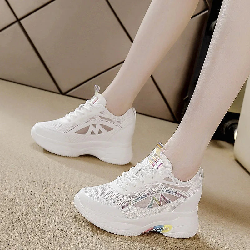 Mesh Platform Wedge Sneakers Women Colorful Glitter Lace Up Design Zpaxo