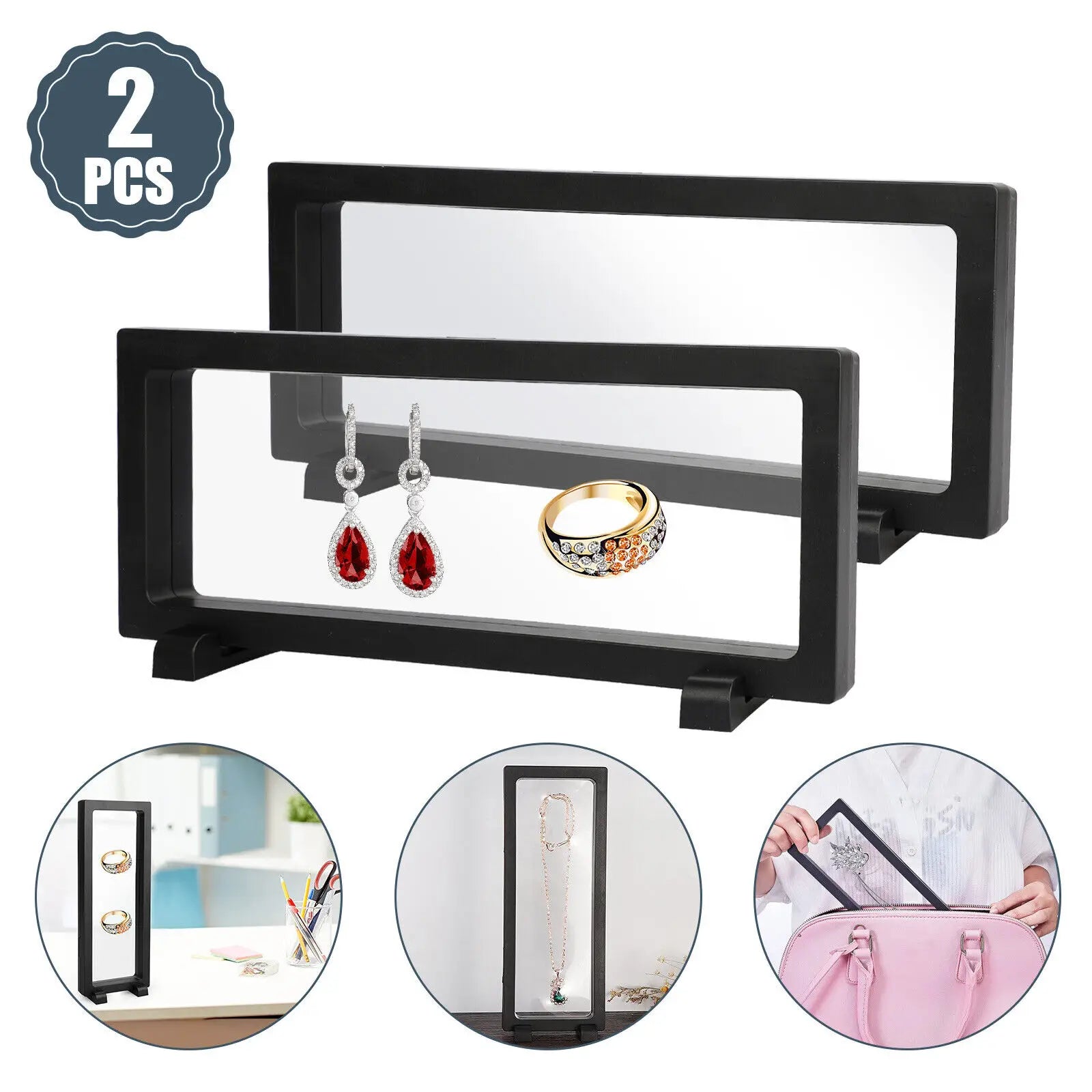 3D Floating Frame Coin Box Clear Jewelry Bracelet Display Stand Ring