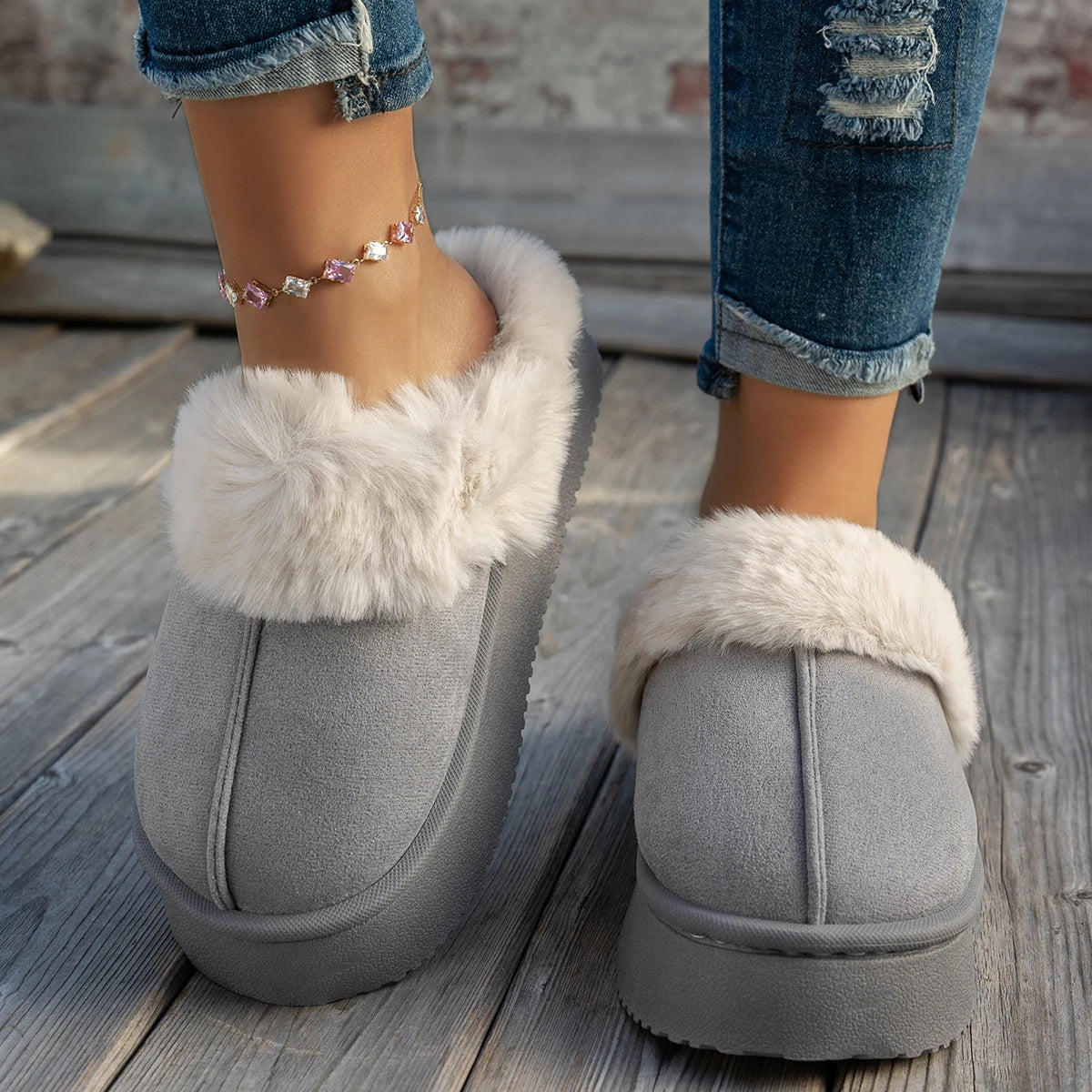 Women Ankle Boots Thickened Fluff House Shoes Women Trend Casual Short Boots Women Solid Color Slip on Furry Slippers Soft Warm Zpaxo