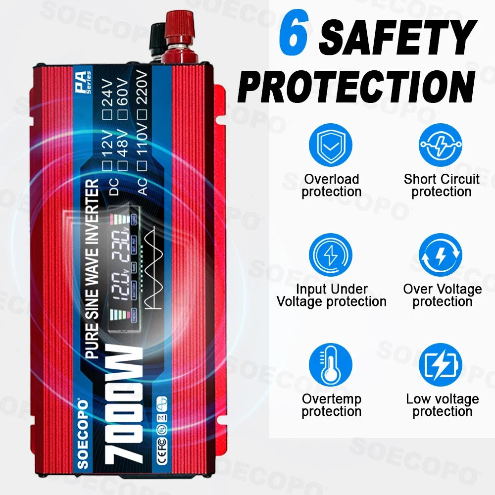 7000W Pure Sine Wave Inverter 12V/24V/48V/60V to 110V/220V AC Output for 12V Home, RV Off-Grid System Zpaxo