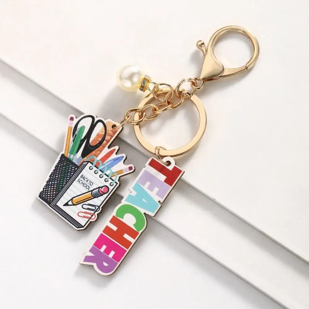 Wooden Teacher's Day Keychain English Letter Geometric Shape Text Keychain Pendant Colorful Rainbow Pen Holder Key Ring Zpaxo Style 3