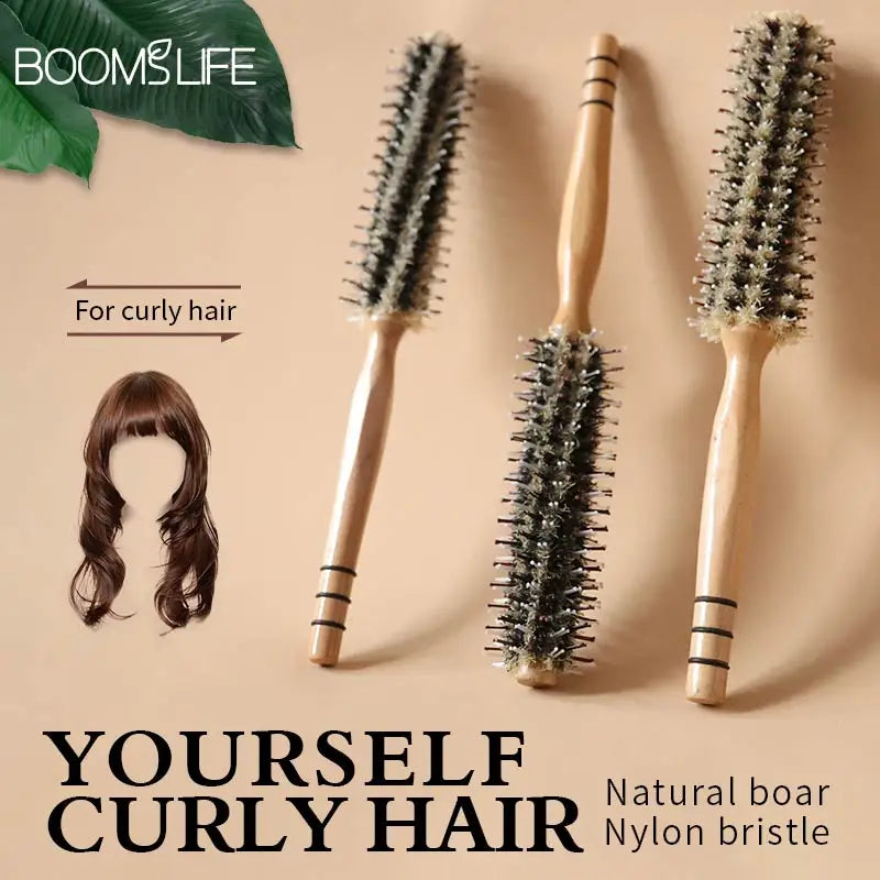 Natural Boar Bristle Rolling Brush Barber Hair Roller Wood Hair Brush Round Barrel Hair Comb for Women Curly Hair Hairdressing Zpaxo