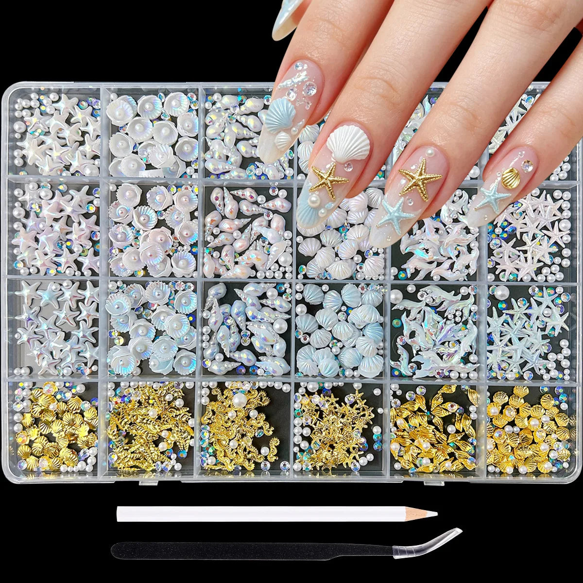 24 Grid Ocean Nail Art Accessories Iridescent Shell Starfish Pearl