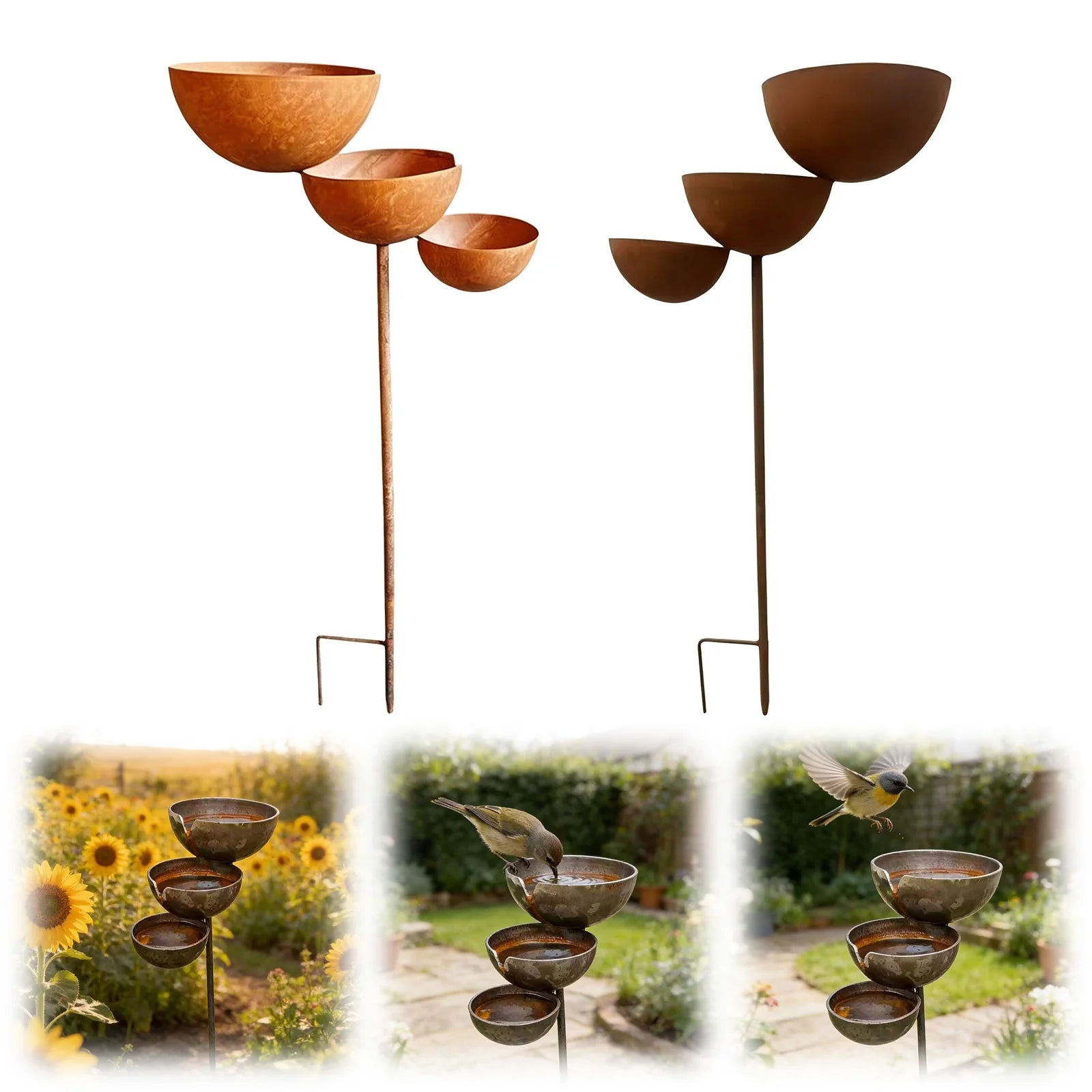 3-Layer Rain Catcher Garden Stake with Metal Stake Bird Bath and Bee Watering Station Garden Drinker for Outdoor Yard Art Decor Zpaxo