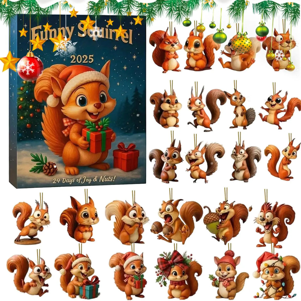 Christmas Advent Calendar 2025 Squirrel Themed 2D Acrylic Ornaments