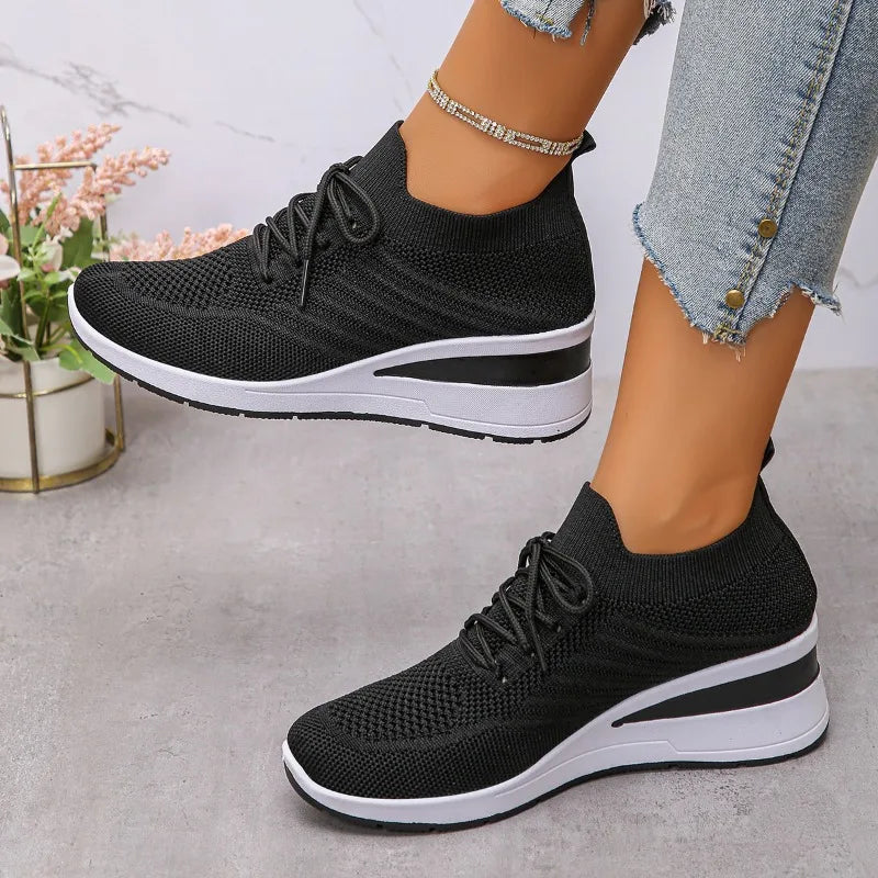 Women's Breathable Knitting Wedge Sneakers Thick Sole Casual Woman Zpaxo black 42
